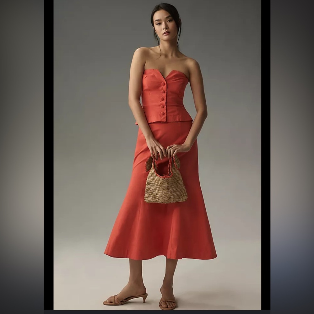 Maeve Strapless Button-Front Bustier & Midi Skirt Set in Coral
